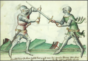 En medeltida färgillustration där två riddare slåss mot varandra med svärd. De har heltäckande rustningar med nedfällda visir.