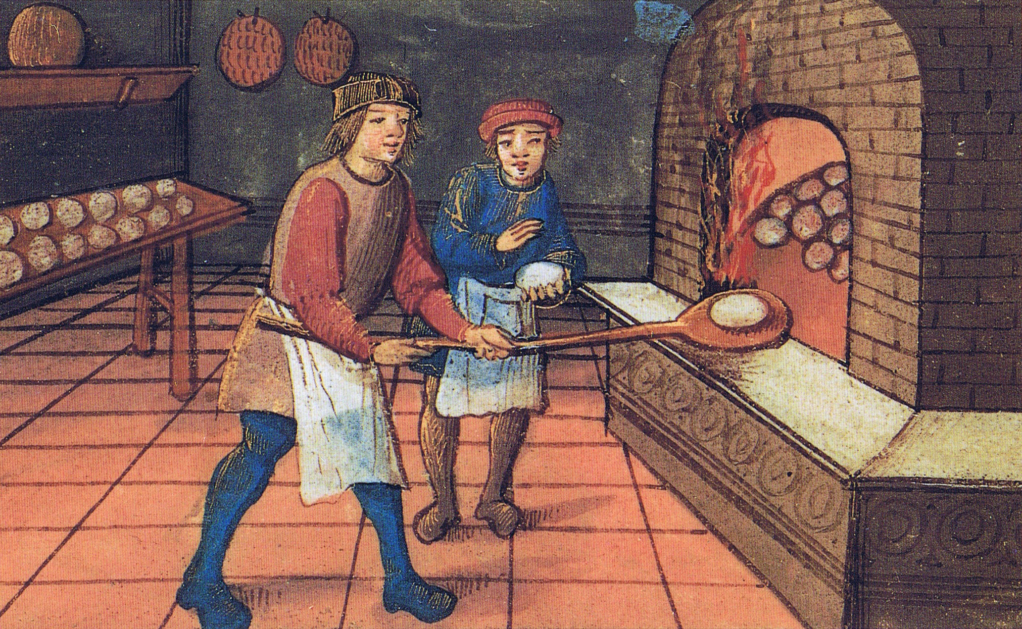 Medeltida illustrations med en bagare till vänster och hans gesäll till höger. Bagaren för in ett obakat bröd på en lång spade i en tegelugn, medan gesällen formar deg i handen.