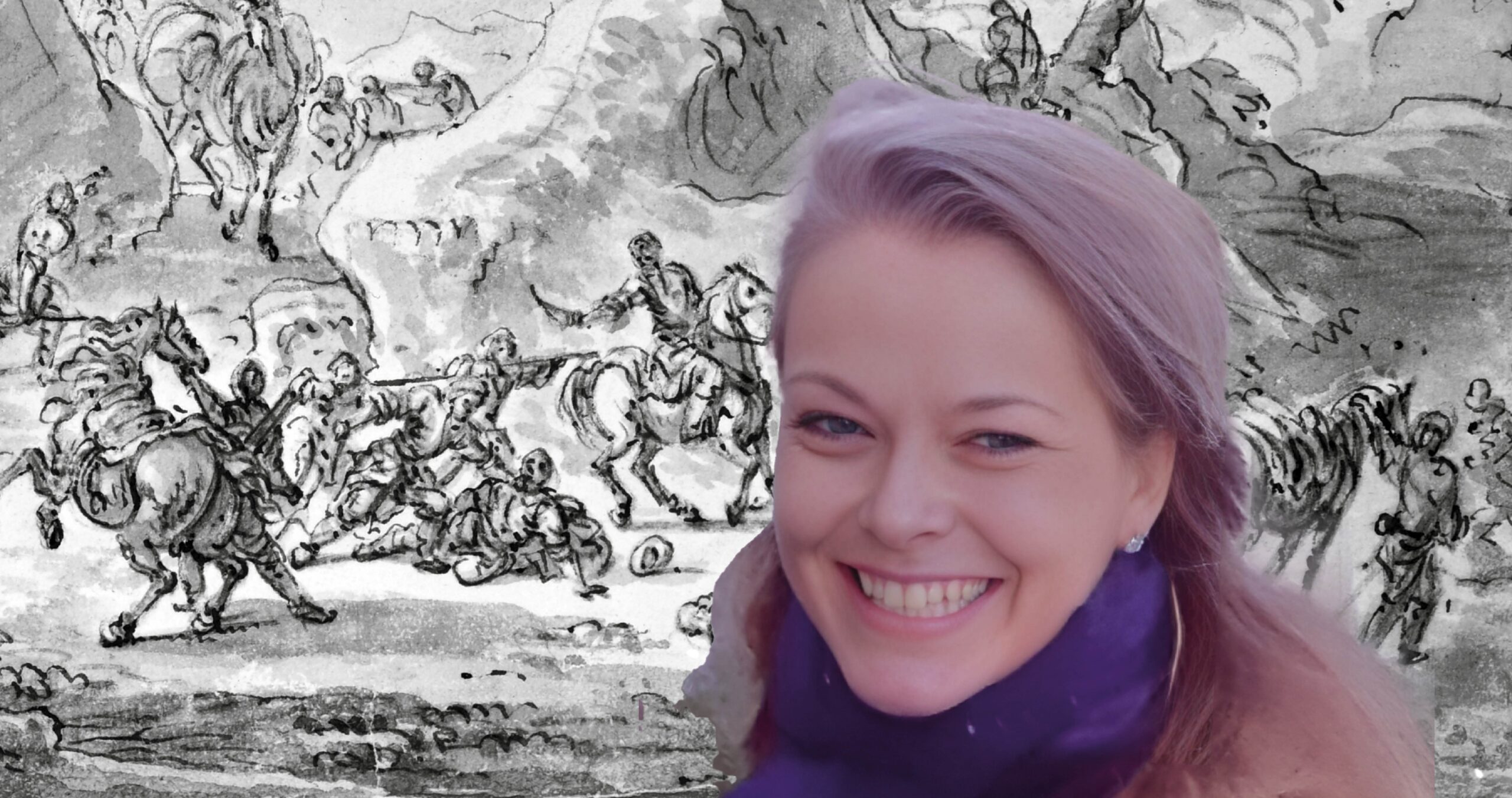 Johannas ansikte ses framför en svartvit teckning av en strid med snapphanar.
