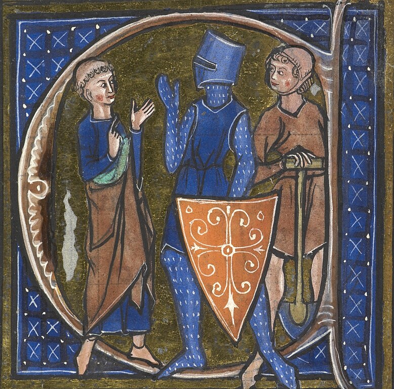 En riddare står i mitten och pratar med en munk till vänster. Till höger tittar en bonde på.
