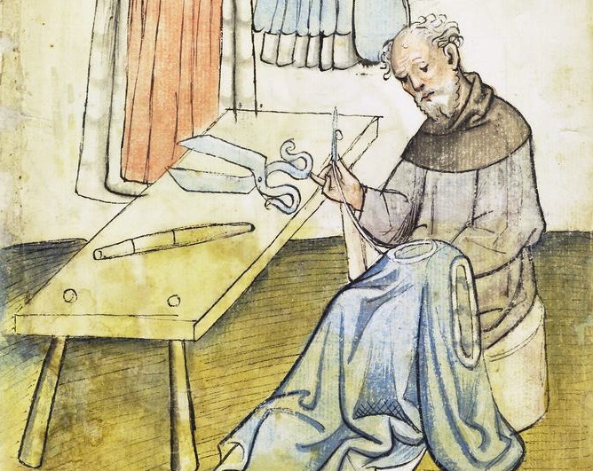 Bilden visar en medeltida skräddare i arbete.