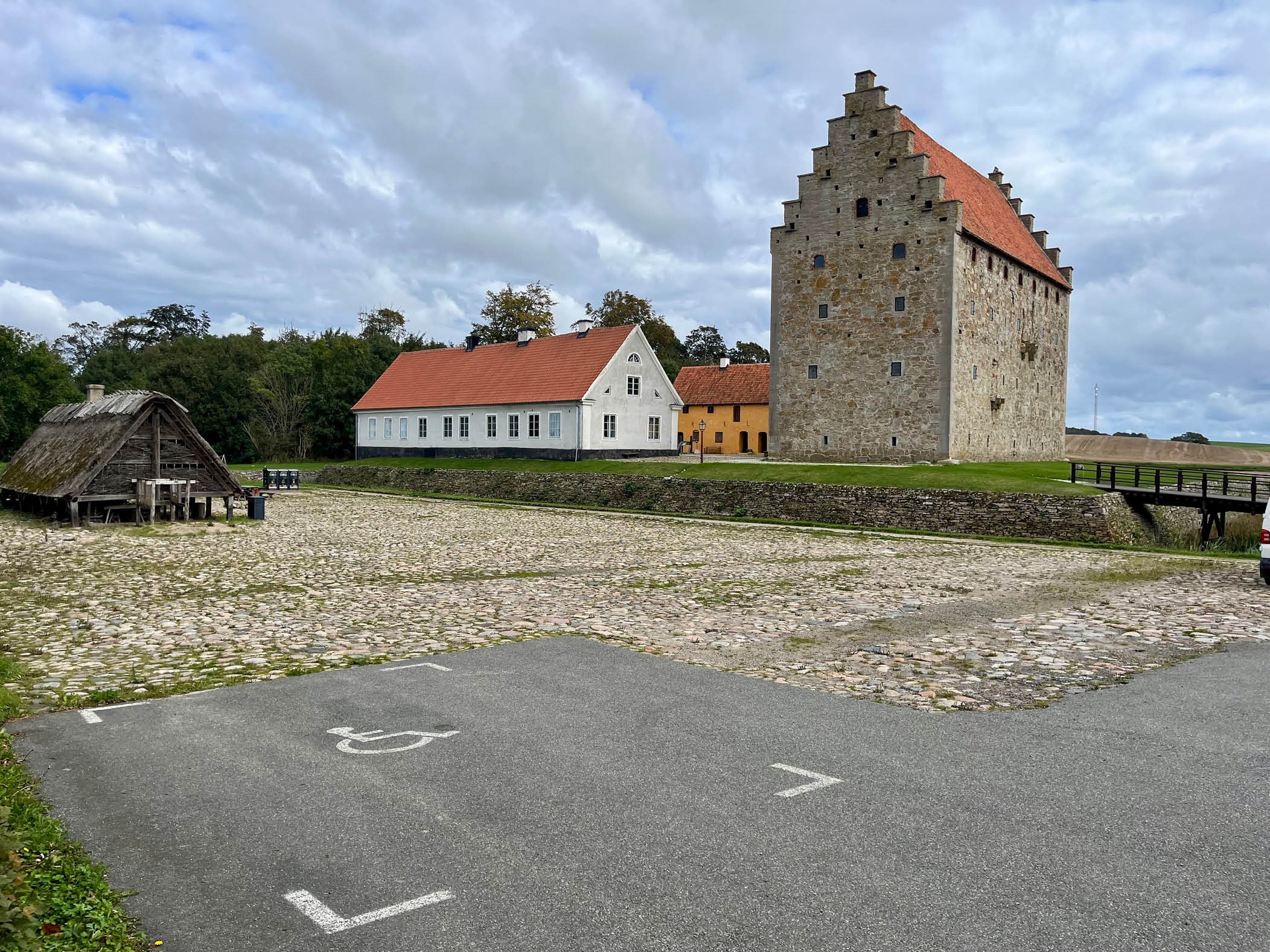 Bilden visar en handikapparkering med borgen i bakgrunden.