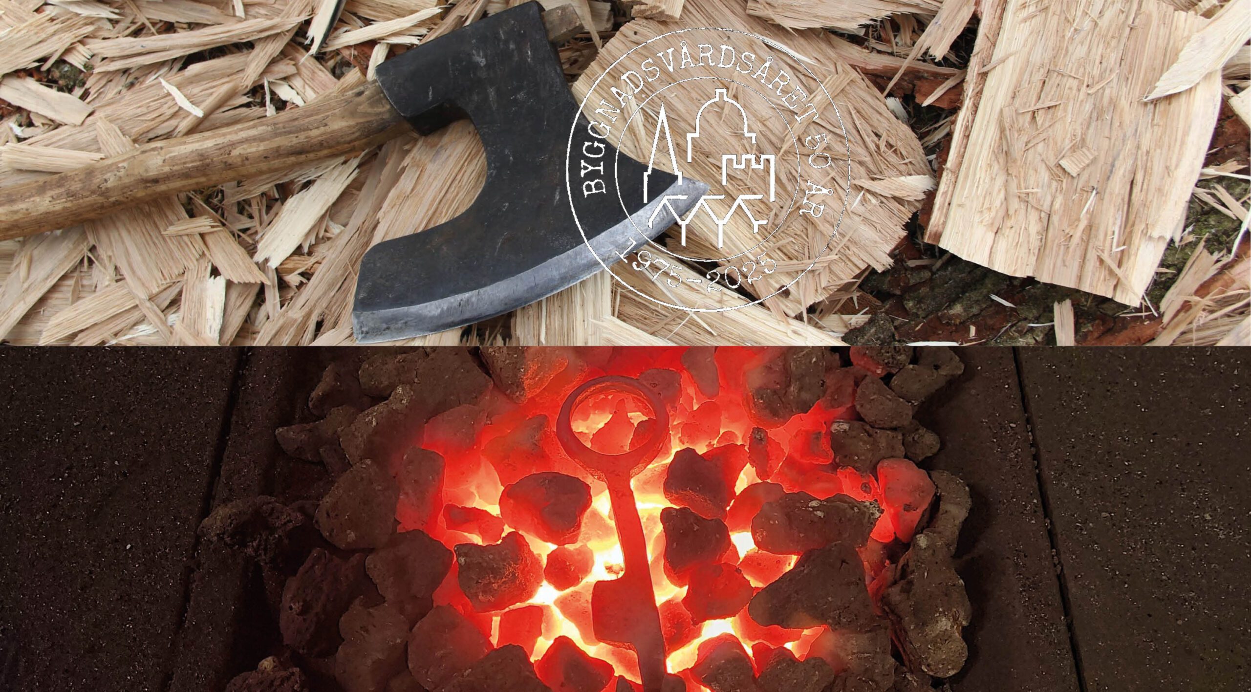 Bilden visar en bila vid trä och metall i glöd.