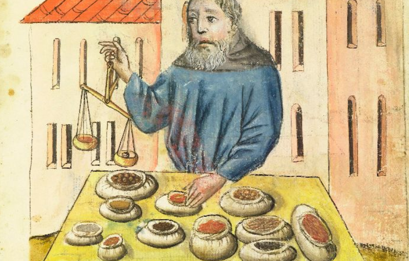 Bilden visar en medeltida kryddhandlare.