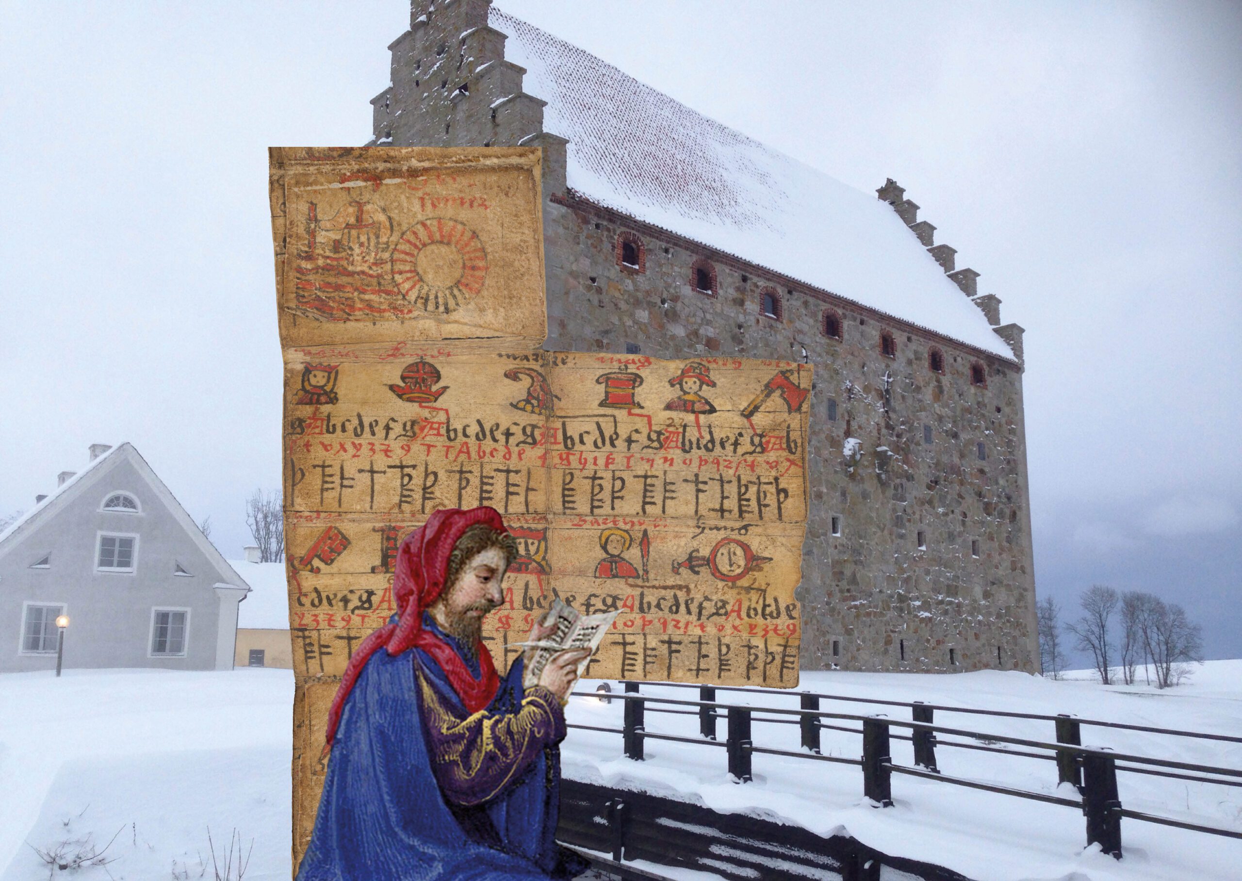 A medieval scribe is seen in front of the castle and a medieval pocket calendar.