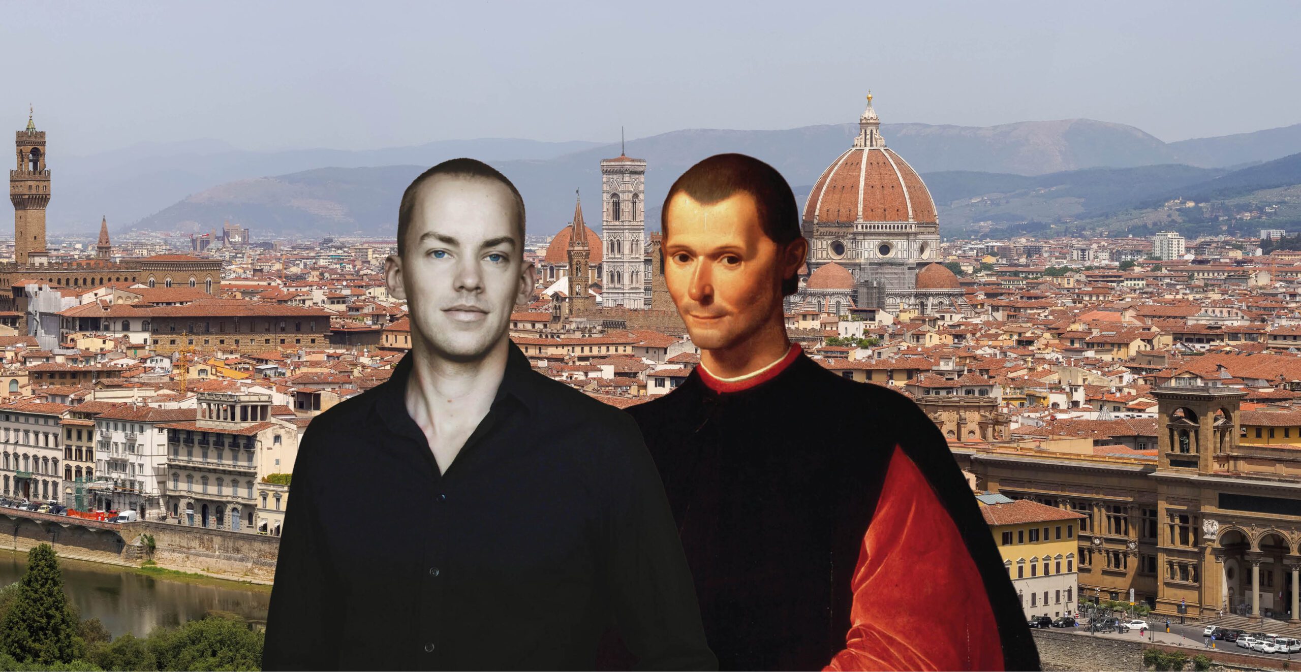 Erik och Machiavelli ses framför Florens.