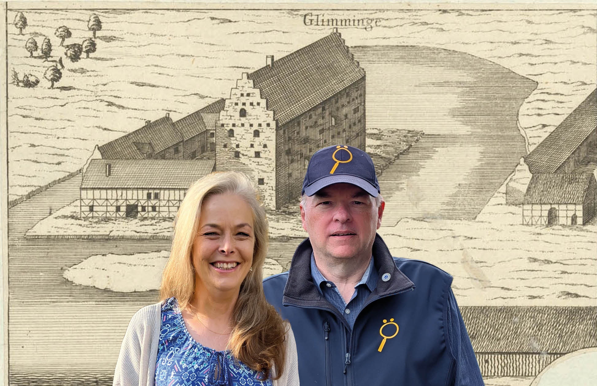 Johanna och Magnus står framför en 1600-talsbild av borgen.